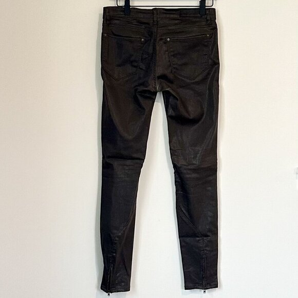AllSaints Spitalfields Chocolate Brown Wax Coated Zipper Skinny Jeans - Size 27 - Picture 9 of 9